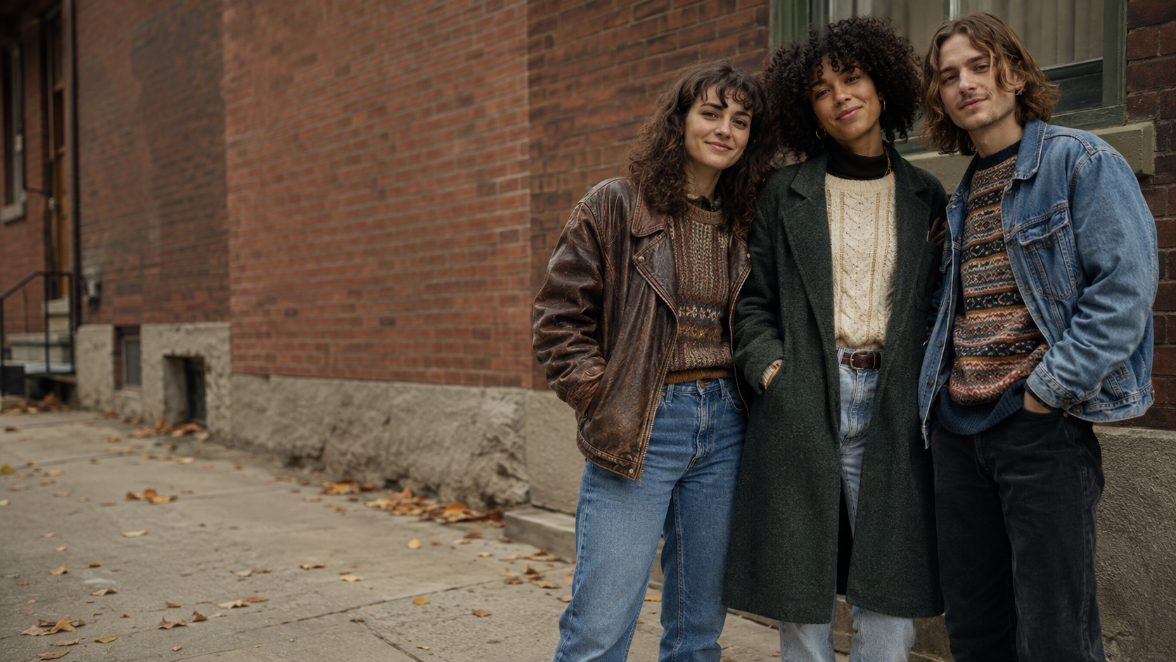 Three Canadian vintage fashion sellers wearing denim, wool and leather in a city neighbourhood